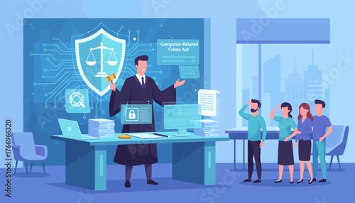 Digital Justice: A Lawyer Explains Computer-Related Crime Act with Scales of Justice and Circuit Board Motifs, Representing Cyber Law and Online Security for a Modern Audience in a Sleek Office