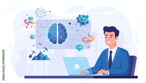 Vibrant illustration of a businessman interacting with a large language model (LLM) concept, featuring a glowing brain graphic, interconnected nodes, and data mining elements, symbolizing big data
