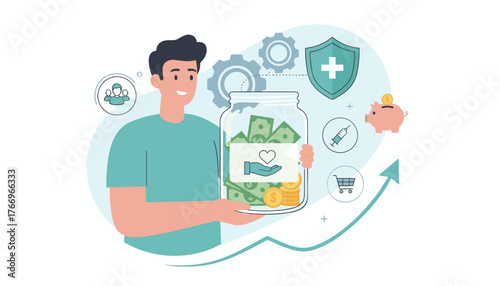 Man holding a glass jar filled with cash and coins, symbolizing savings and donations, surrounded by icons representing healthcare, shopping, and community growth, illustrating financial planning and