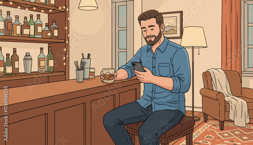 A bearded man in a blue shirt sits at a wooden bar, holding a glass of bourbon whiskey and texting on his smartphone, surrounded by bottles and bar accessories, with a cozy armchair and lamp in the