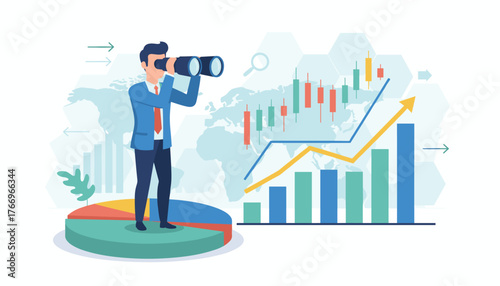 Visionary businessman in a suit looking through binoculars at a world map background with financial charts, bar graphs, pie chart, and candlestick chart, symbolizing marketing strategy, data