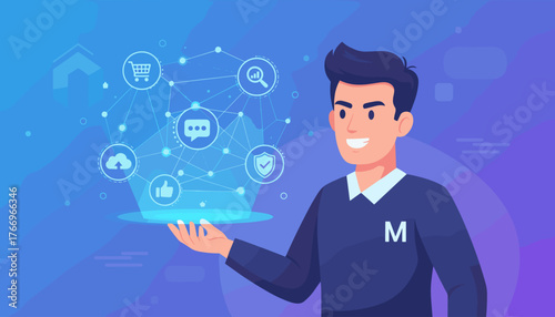 Young man with a friendly smile presents a glowing holographic network of digital icons representing online services, e-commerce, social media, and data analysis, set against a vibrant blue and