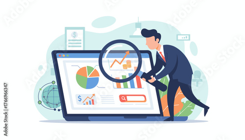 A businessman in a suit meticulously analyzes market research data on a laptop, using a magnifying glass to examine charts, graphs, and financial reports, symbolizing business growth and strategic