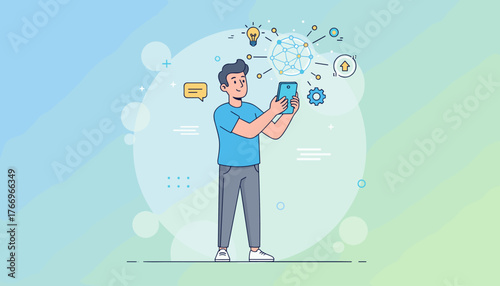 Modern man holding a smartphone, interacting with a glowing global network of connections, symbolizing technology, communication, and innovation, with icons for ideas, chat, and gears in a clean