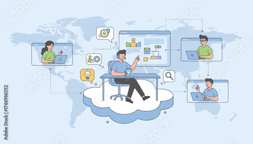 Global remote team collaboration and project management concept, with a central manager coordinating tasks and ideas across different continents, illustrating the power of cloud-based communication