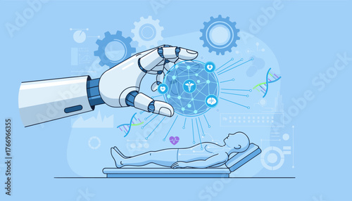 Advanced medical AI technology concept: A robotic hand delicately holds a glowing sphere of interconnected icons representing healthcare, brain, and DNA, hovering over a human figure lying on a