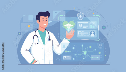 Smiling male doctor in white coat with stethoscope presenting a futuristic digital interface displaying a green heart with caduceus symbol, medical charts, patient profiles, and network connections