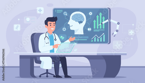 A doctor in a modern laboratory uses advanced artificial intelligence software and holographic technology to analyze brain scans and medical data, showcasing the future of healthcare and medical