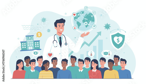 A smiling doctor in a white coat with a stethoscope around his neck presents a global medical network concept, surrounded by diverse people, hospital, virus icons, and financial symbols, illustrating