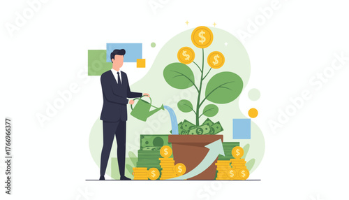 A businessman in a suit waters a money tree with coins and banknotes, symbolizing financial growth, investment, and profit, illustrating successful business development and wealth accumulation in a