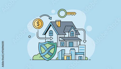 Conceptual illustration of mortgage loan process, showing a house, shield for insurance, key for ownership, and money symbol representing financial transaction, with modern buildings in background