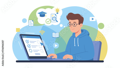Vibrant illustration of a young man wearing glasses and a blue hoodie, engaged in online education and assessment via his laptop, symbolizing the concept of online exams and remote learning with
