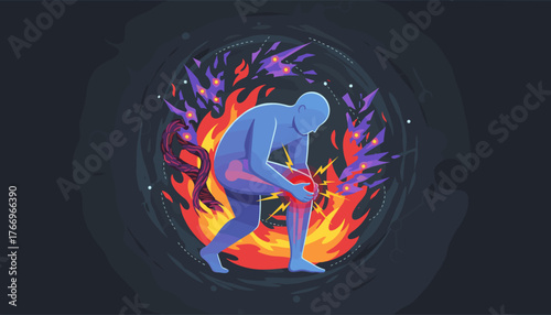 Abstract illustration of a blue figure suffering from intense knee pain, depicted with glowing red joints and radiating yellow energy, surrounded by fiery orange and purple abstract shapes