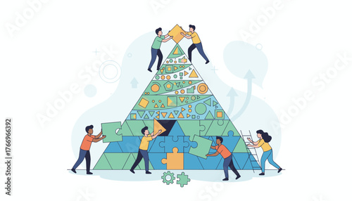Diverse team of people collaboratively building a complex pyramid structure filled with geometric shapes, symbolizing teamwork, problem-solving, and the interconnectedness of business elements and