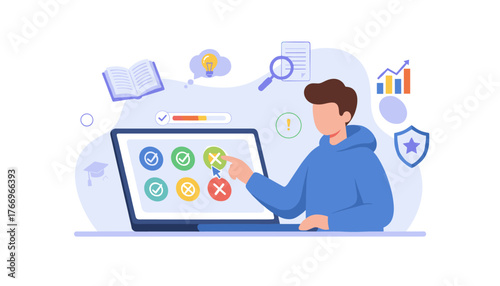 Modern flat illustration of a young person taking an online exam on a laptop, with icons representing education, success, and progress, symbolizing digital learning and assessment in a contemporary