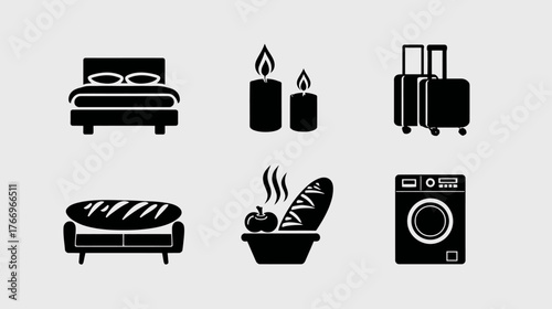 Household, Travel & Food Icon Set: Black silhouette vector graphics for home, daily life, relaxation, and journey concepts.