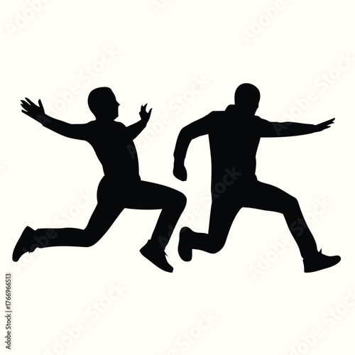 Two men leaping forward running jumping