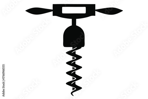 Black silhouetted vintage corkscrew exhibits detailed helical twist, poised against a plain background