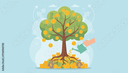 Vibrant illustration of a money tree, symbolizing financial growth and investment, with golden coins and banknotes hanging from its branches and roots surrounded by stacks of coins and money bags, a