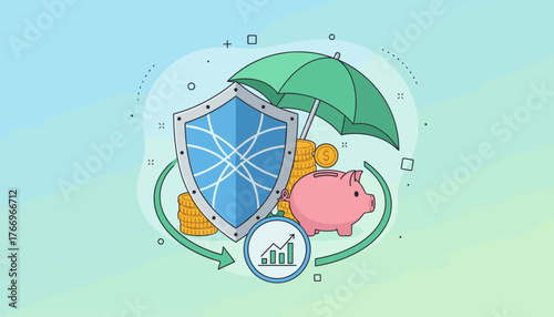 Vivid flat illustration concept of money protection, financial security, and investment growth, featuring a shield, piggy bank, stacks of coins, and an umbrella, symbolizing safety and prosperity in
