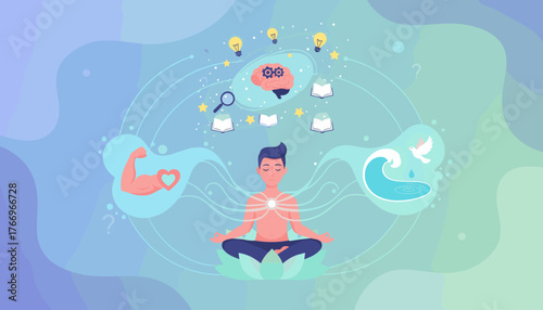 Vivid vector illustration depicting the concept of meditation and holistic health, showcasing a person in lotus pose surrounded by symbols of mental clarity, physical strength, emotional balance, and