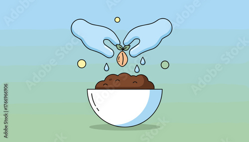 Conceptual illustration of hands gently planting a seedling with a seed and water droplets into fertile soil in a white bowl, symbolizing growth, new beginnings, and nurturing nature, against a soft