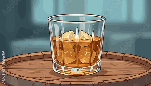 Aromatic amber-colored whiskey or bourbon served in a clear crystal glass filled with ice cubes, resting on a rustic wooden barrel, with a soft blue background suggesting a bar or cellar atmosphere