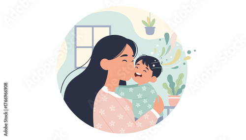 Vibrant illustration of a loving Asian mother embracing her joyful child, sharing a tender moment of affection and happiness indoors with plants and a window in the background, symbolizing family