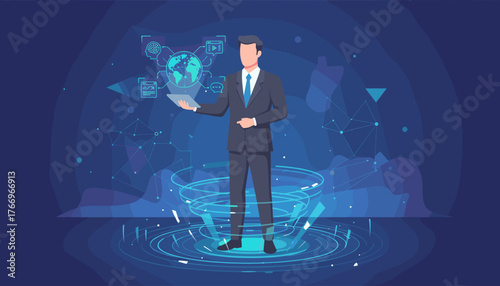 Futuristic businessman in a suit holding a tablet, interacting with a holographic projection of the Earth and various digital icons, representing artificial intelligence, technology, and global