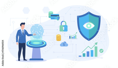 Modern flat illustration of a businessman interacting with a biometric fingerprint scanner, symbolizing cyber security, access control, data protection, and digital identity verification with icons