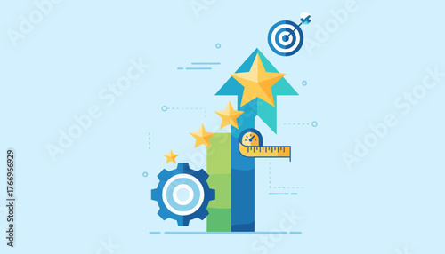 Business concept vector illustration depicting growth and success with upward trending bars, stars, a target, a gear, and a measuring tape, symbolizing progress, achievement, and strategic planning