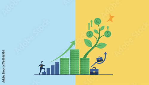 Conceptual illustration of financial growth and career advancement, depicting a businessman climbing a bar chart, stacks of coins, a money tree with euro and dollar symbols, and briefcases