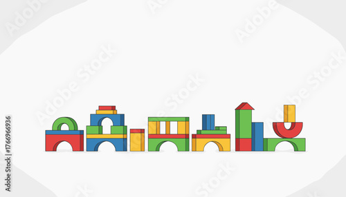 A vibrant row of colorful building blocks, arranged in a modern flat vector style, showcasing arches, towers, and geometric shapes, perfect for educational or creative themes.