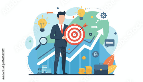Successful businessman holding a target with an arrow hitting the bullseye, symbolizing business goals and achievement, surrounded by growth charts, lightbulbs representing ideas, magnifying glass