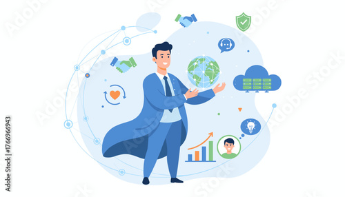 Dynamic business professional holding a glowing globe, surrounded by icons representing digital technology, cloud computing, customer service, security, growth, and collaboration, symbolizing global