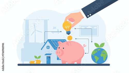 Business man's hand holding a glowing lightbulb and dropping a coin into a pink piggy bank, symbolizing investment in renewable energy, solar panels on a house, a wind turbine, and a growing plant on