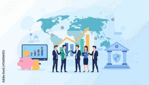 Global business finance and investment data analysis concept with diverse team collaborating around charts, piggy bank, and bank building, representing financial growth and international markets.