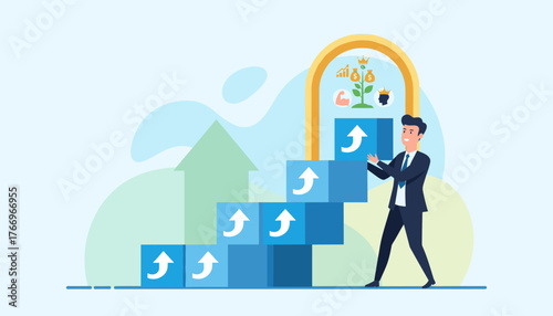 A determined businessman in a suit builds a staircase of blue blocks with upward arrows, symbolizing career advancement, business growth, and financial investment, reaching towards a golden archway