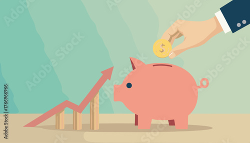 Close-up of a businessman's hand dropping a gold coin with a dollar sign into a pink piggy bank, symbolizing savings and financial growth, next to a rising red arrow graph on a teal background