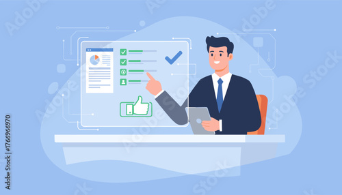 Smiling businessman in a suit pointing at a digital checklist with checkmarks and progress bars on a futuristic interface, holding a tablet, with a thumbs-up icon below, representing successful task