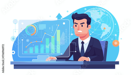 Dynamic illustration of a determined businessman intensely analyzing sales data and growth charts on a futuristic digital interface, with a global network graphic in the background, symbolizing