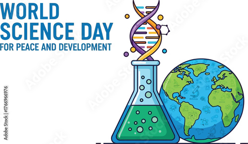 World science day for peace and development dna strand, flask and globe illustration