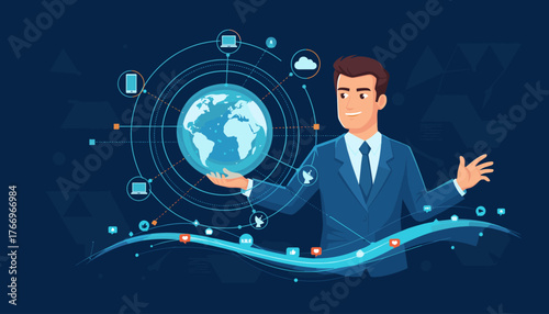 Dynamic businessman presenting a glowing digital globe surrounded by interconnected data streams, social media icons, and technology symbols, representing global network, communication, and digital