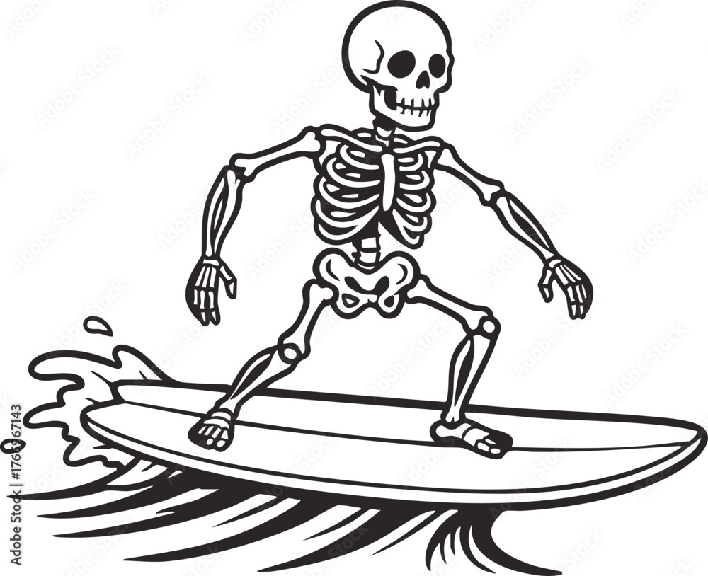 Obraz premium skeleton surfing wave ocean summertime vector illustration