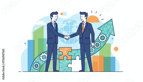 Successful business partnership illustrated by two businessmen shaking hands, symbolizing cooperation and teamwork, with a global background, growth arrow, puzzle pieces, and bar charts representing