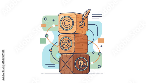 Conceptual illustration of copyright, patent, and intellectual property rights, represented by stacked wooden blocks with icons for a feather quill, wrench and gear, and a lightbulb with a cogwheel
