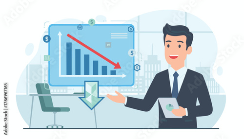 Cost reduction business finance concept with a businessman presenting a downward trending bar chart and arrow indicating financial loss, symbolizing economic recession and budget cuts in a modern