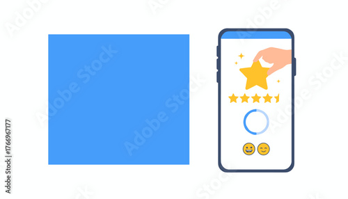 Customer or client use application for giving satisfaction rating, hand placing a golden star on a five-star scale, with happy emojis and a loading circle, representing user feedback and online