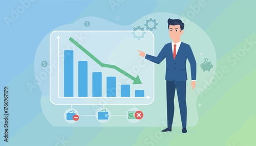 Business finance concept of cost reduction illustrated by a businessman pointing at a downward trending bar chart with icons representing financial loss and a piggy bank, symbolizing economic decline