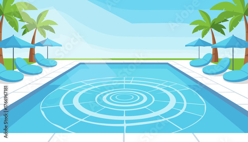 Inviting crystal-clear blue water in a resort swimming pool, adorned with a circular ripple pattern, surrounded by plush lounge chairs and vibrant palm trees under a bright, sunny sky, evoking a